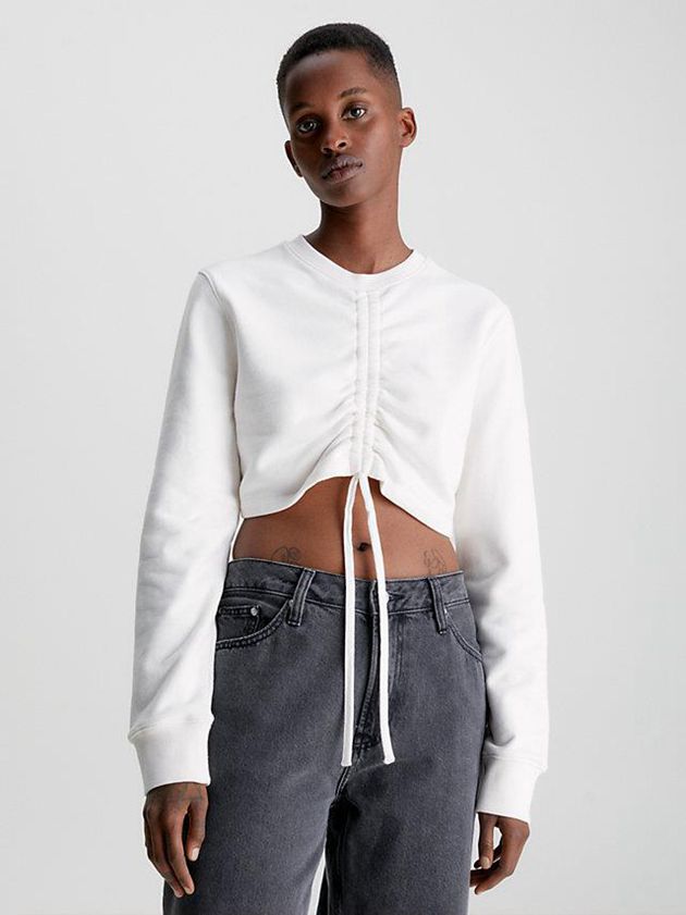 Calvin Klein USA Cropped Drawstring Womens Sweatshirt White 4385071-WM